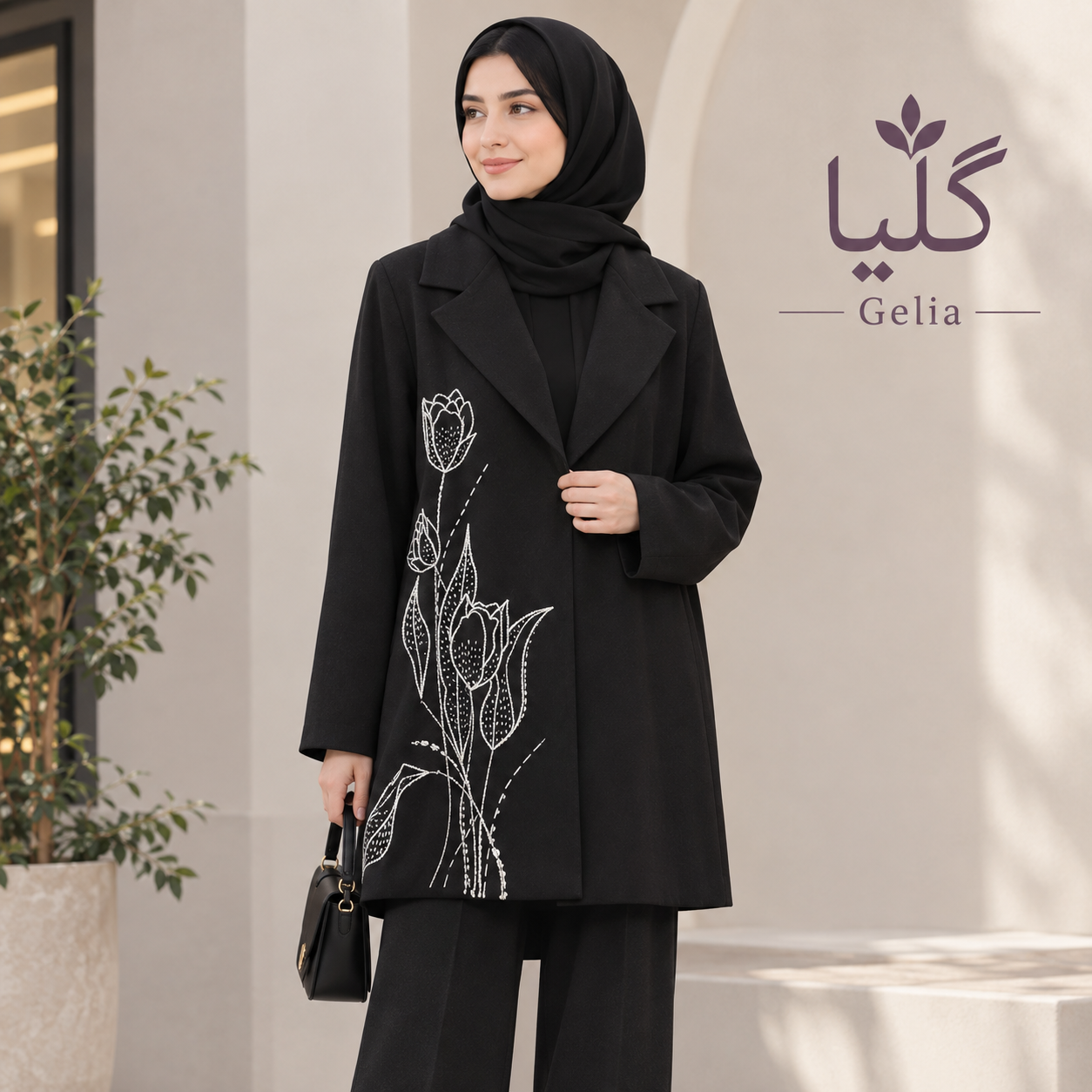 Elegant Black Embroidered Coat by Gelia